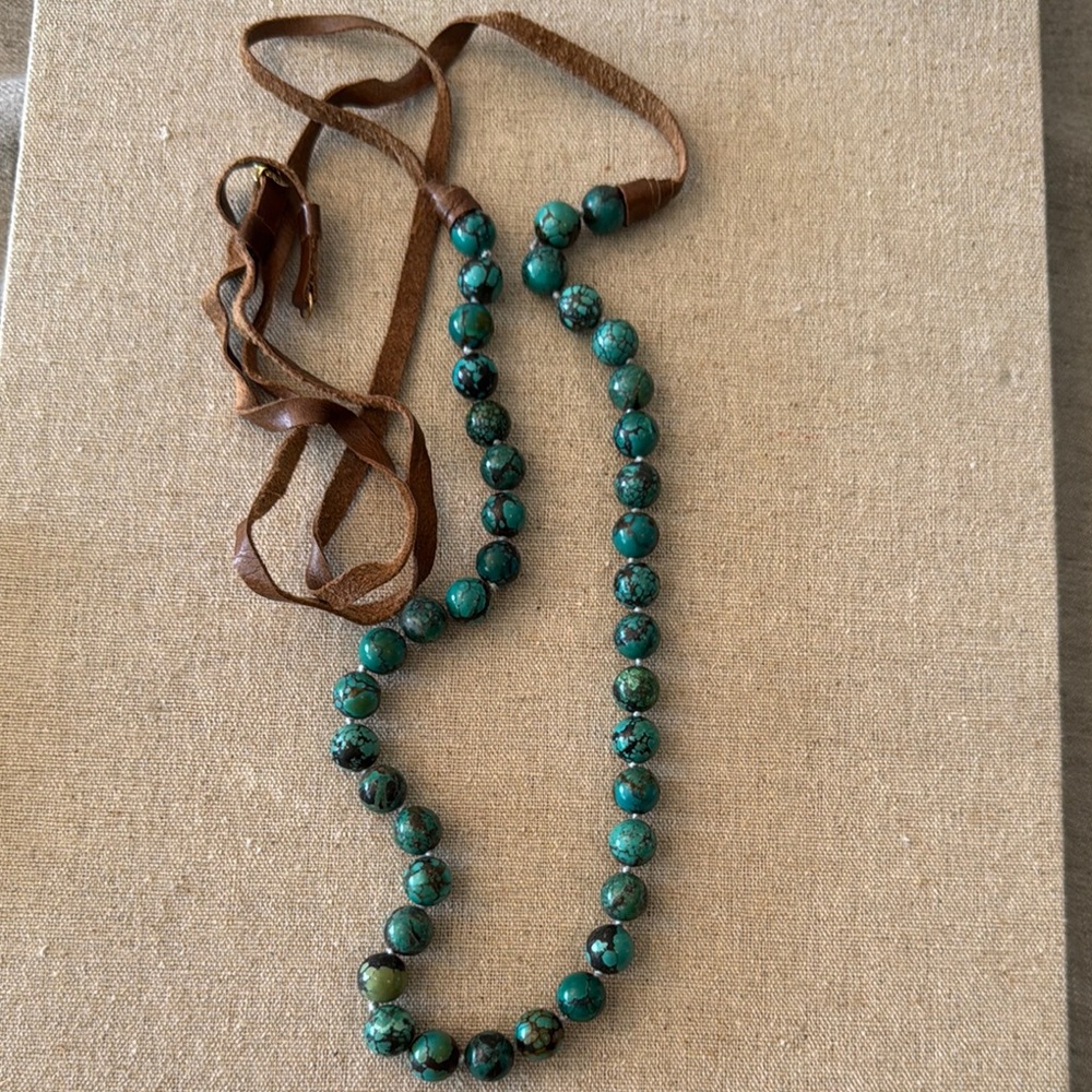 Elegant Green Beaded Necklace with Brown Leather Cord